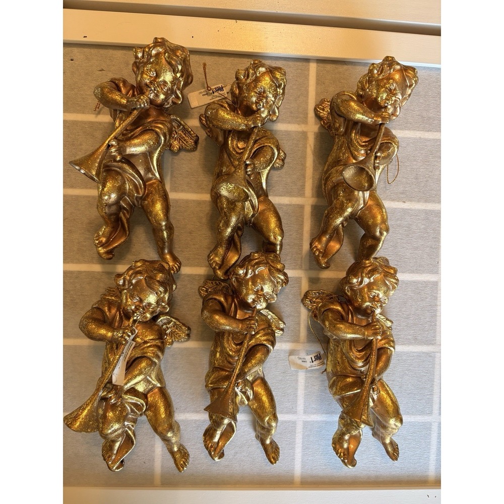6 Vintage NWT Pier 1 Imports Gold Glitter Ornaments Cherub Angels Christmas